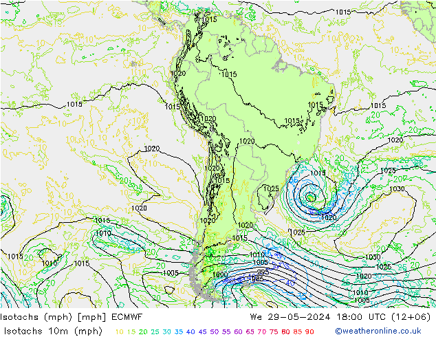 Isotachs (mph) ECMWF Qua 29.05.2024 18 UTC