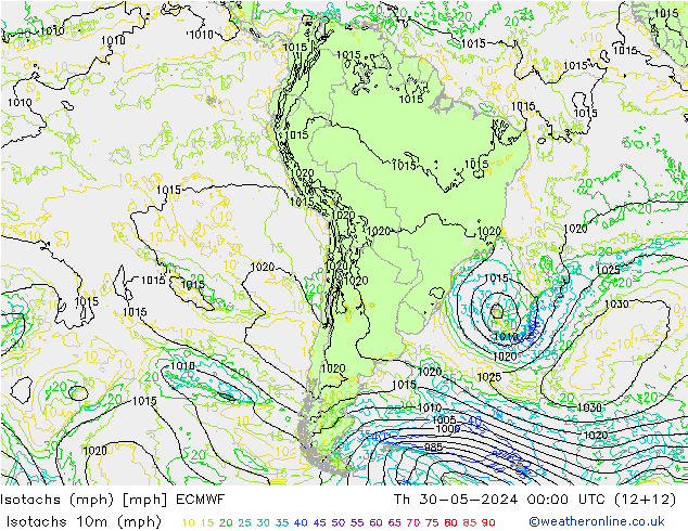 Isotachs (mph) ECMWF  30.05.2024 00 UTC