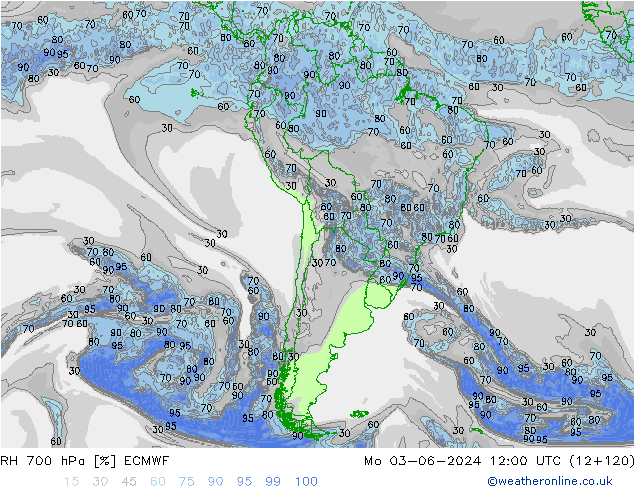 RH 700 hPa ECMWF pon. 03.06.2024 12 UTC