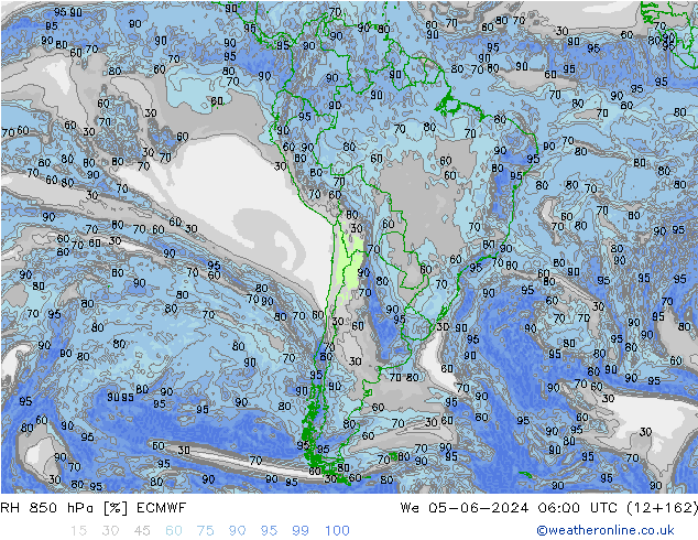 Humidité rel. 850 hPa ECMWF mer 05.06.2024 06 UTC