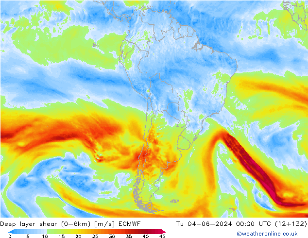 Deep layer shear (0-6km) ECMWF mar 04.06.2024 00 UTC