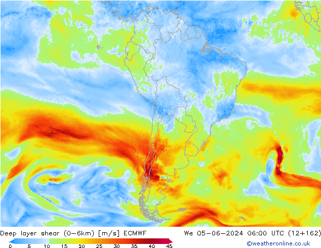 Deep layer shear (0-6km) ECMWF We 05.06.2024 06 UTC