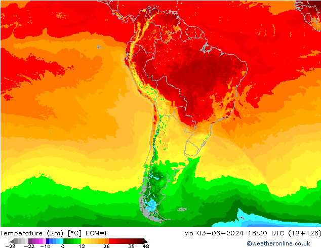 Temperature (2m) ECMWF Mo 03.06.2024 18 UTC