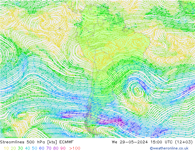 Linha de corrente 500 hPa ECMWF Qua 29.05.2024 15 UTC