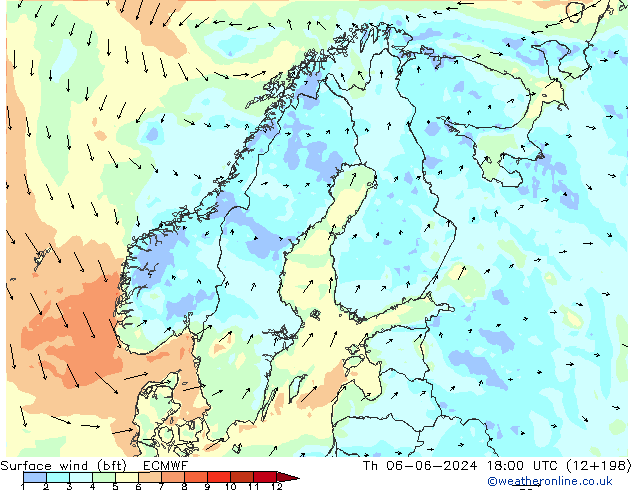 ве�Bе�@ 10 m (bft) ECMWF чт 06.06.2024 18 UTC