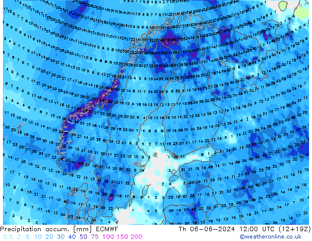 Precipitation accum. ECMWF czw. 06.06.2024 12 UTC