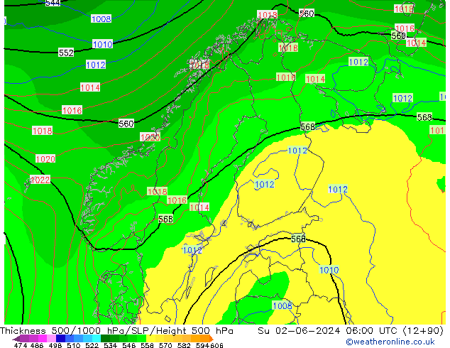 Espesor 500-1000 hPa ECMWF dom 02.06.2024 06 UTC