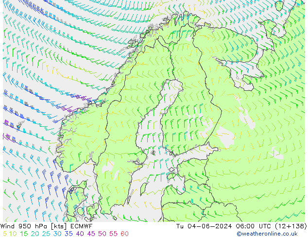 Wind 950 hPa ECMWF Út 04.06.2024 06 UTC