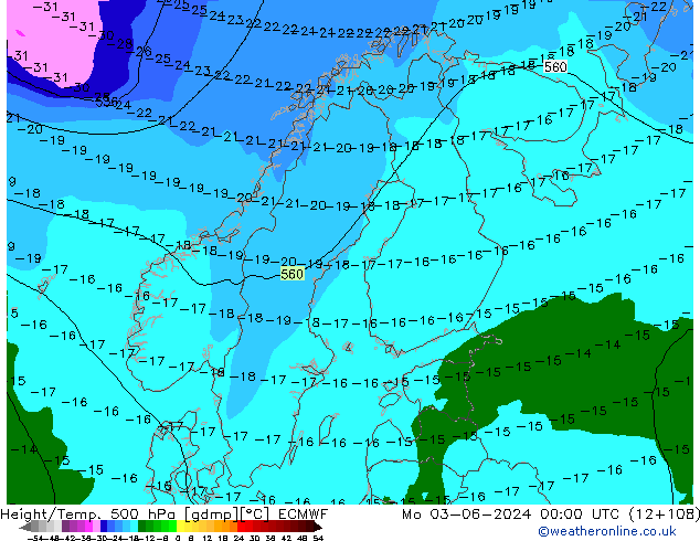 Yükseklik/Sıc. 500 hPa ECMWF Pzt 03.06.2024 00 UTC