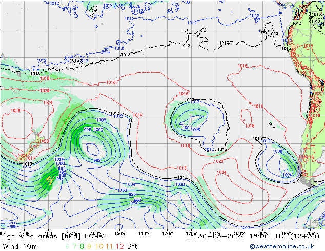 High wind areas ECMWF jue 30.05.2024 18 UTC