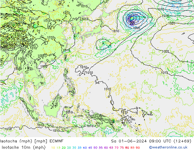 Isotachs (mph) ECMWF сб 01.06.2024 09 UTC