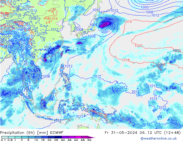 Precipitación (6h) ECMWF vie 31.05.2024 12 UTC