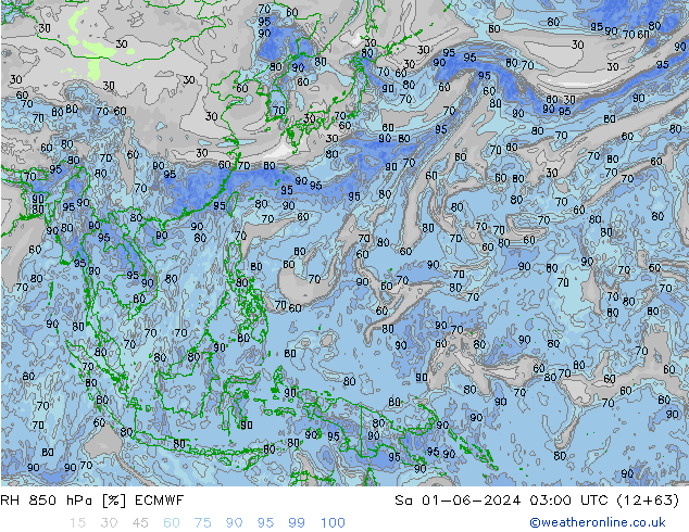 Humidité rel. 850 hPa ECMWF sam 01.06.2024 03 UTC