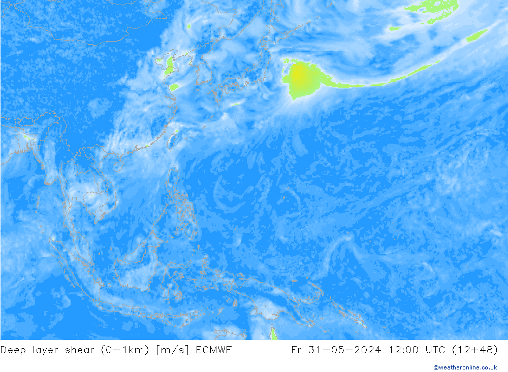 Deep layer shear (0-1km) ECMWF Fr 31.05.2024 12 UTC