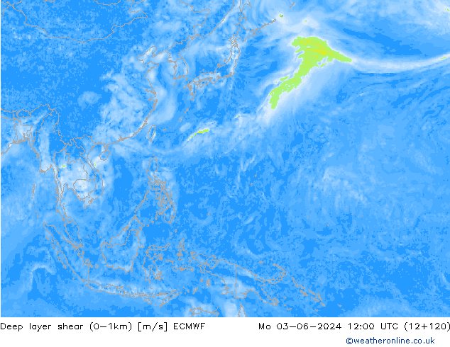 Deep layer shear (0-1km) ECMWF lun 03.06.2024 12 UTC