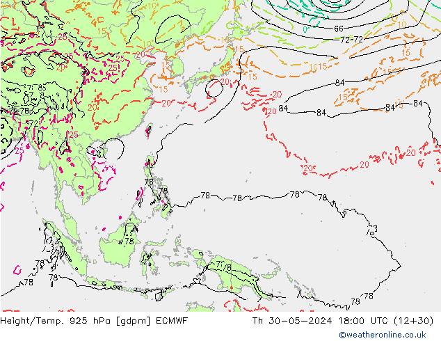 Height/Temp. 925 hPa ECMWF Th 30.05.2024 18 UTC