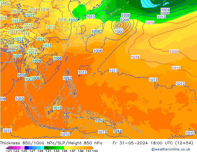 Dikte 850-1000 hPa ECMWF vr 31.05.2024 18 UTC