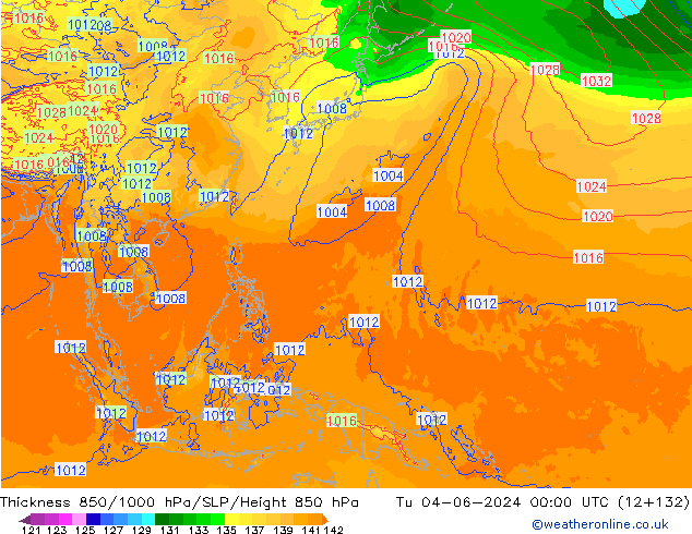 Thck 850-1000 hPa ECMWF Tu 04.06.2024 00 UTC