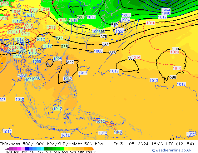 Dikte 500-1000hPa ECMWF vr 31.05.2024 18 UTC