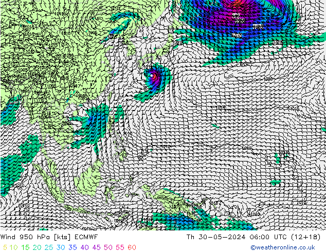 Wind 950 hPa ECMWF Th 30.05.2024 06 UTC