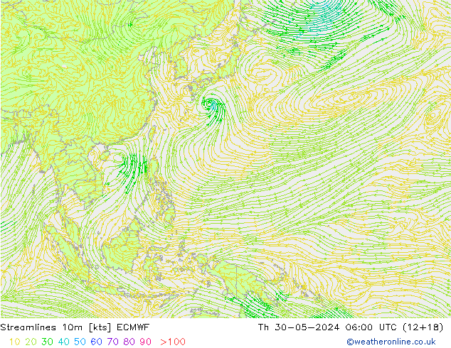 Streamlines 10m ECMWF Th 30.05.2024 06 UTC