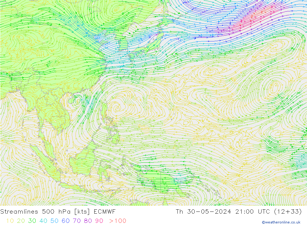 Linha de corrente 500 hPa ECMWF Qui 30.05.2024 21 UTC