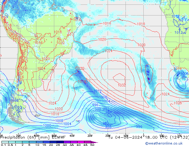 Totale neerslag (6h) ECMWF di 04.06.2024 00 UTC