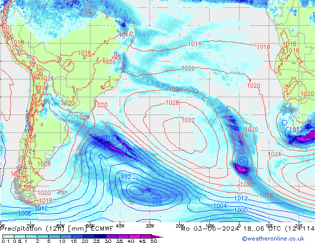 Precipitation (12h) ECMWF Po 03.06.2024 06 UTC