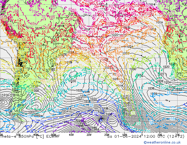 Theta-e 850hPa ECMWF so. 01.06.2024 12 UTC