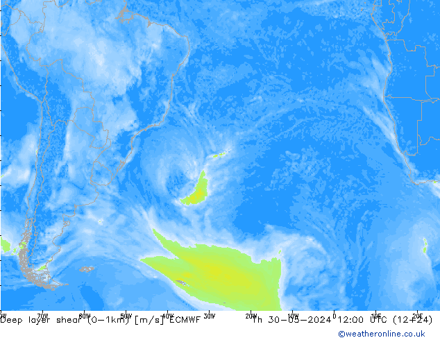 Deep layer shear (0-1km) ECMWF Th 30.05.2024 12 UTC