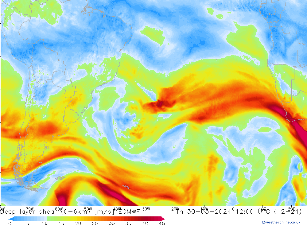 Deep layer shear (0-6km) ECMWF jue 30.05.2024 12 UTC