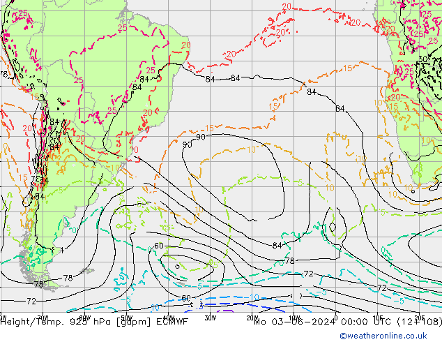 Geop./Temp. 925 hPa ECMWF lun 03.06.2024 00 UTC