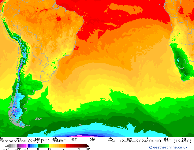 Temperature (2m) ECMWF Su 02.06.2024 06 UTC