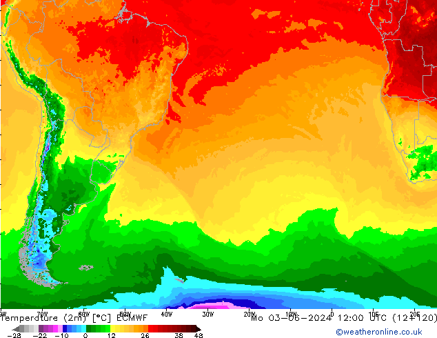 карта температуры ECMWF пн 03.06.2024 12 UTC