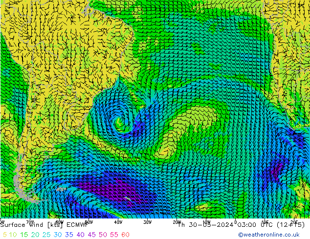 Surface wind ECMWF Čt 30.05.2024 03 UTC