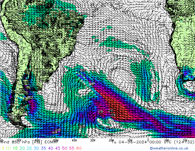 wiatr 850 hPa ECMWF wto. 04.06.2024 00 UTC