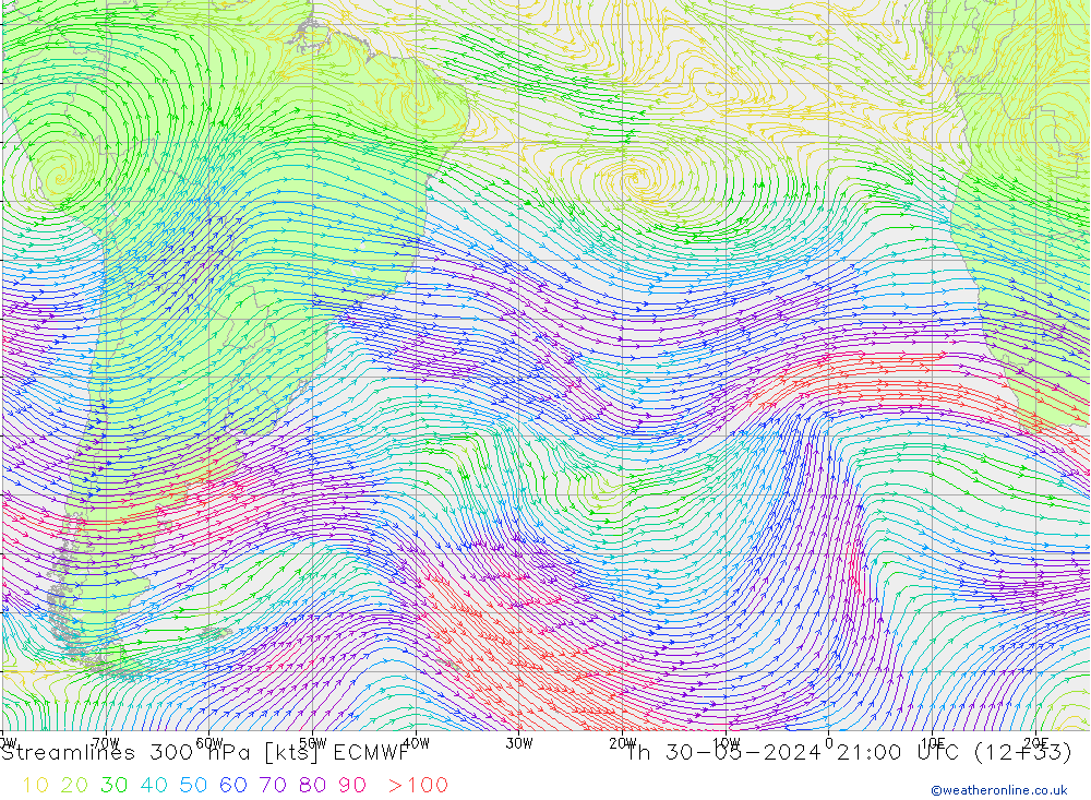 ветер 300 гПа ECMWF чт 30.05.2024 21 UTC
