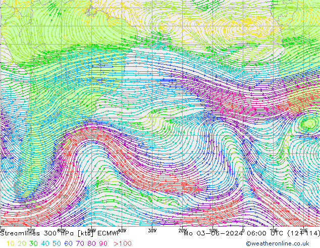 Stroomlijn 300 hPa ECMWF ma 03.06.2024 06 UTC