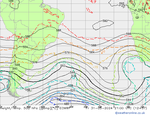 Height/Temp. 500 hPa ECMWF pt. 31.05.2024 21 UTC