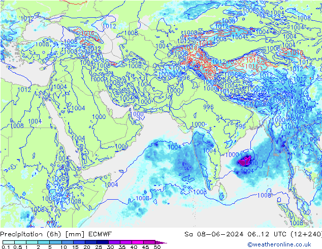 Precipitazione (6h) ECMWF sab 08.06.2024 12 UTC