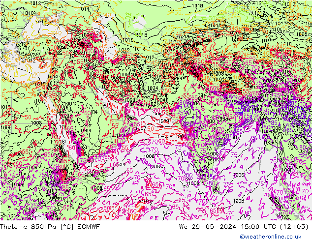 Theta-e 850hPa ECMWF śro. 29.05.2024 15 UTC