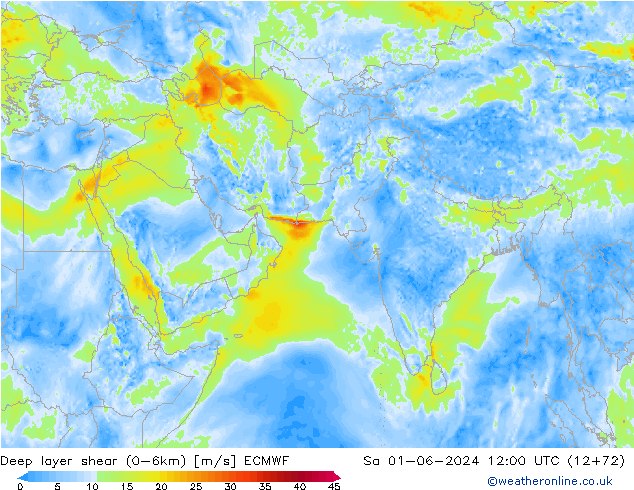 Deep layer shear (0-6km) ECMWF za 01.06.2024 12 UTC