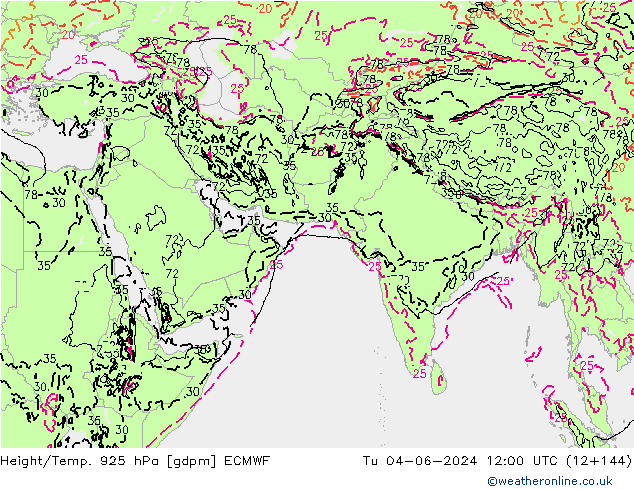 Height/Temp. 925 hPa ECMWF Út 04.06.2024 12 UTC