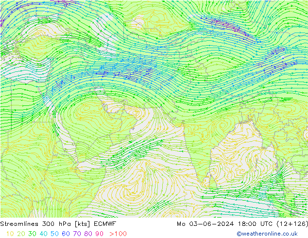 Streamlines 300 hPa ECMWF Po 03.06.2024 18 UTC