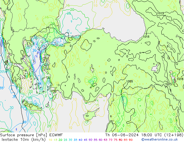 Isotachs (kph) ECMWF Th 06.06.2024 18 UTC