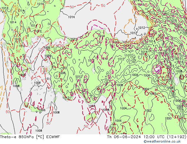 Theta-e 850hPa ECMWF Qui 06.06.2024 12 UTC