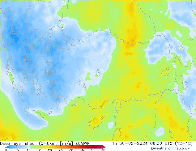 Deep layer shear (0-6km) ECMWF czw. 30.05.2024 06 UTC