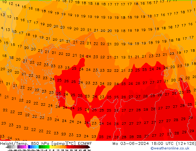 Height/Temp. 850 hPa ECMWF pon. 03.06.2024 18 UTC