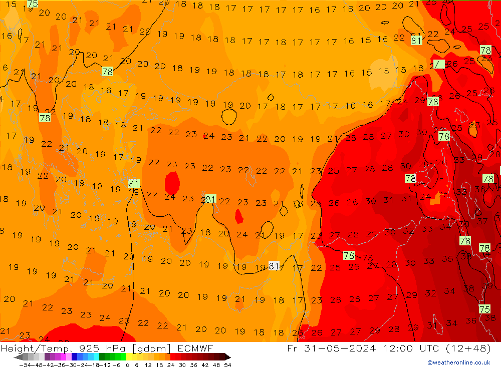 Height/Temp. 925 гПа ECMWF пт 31.05.2024 12 UTC