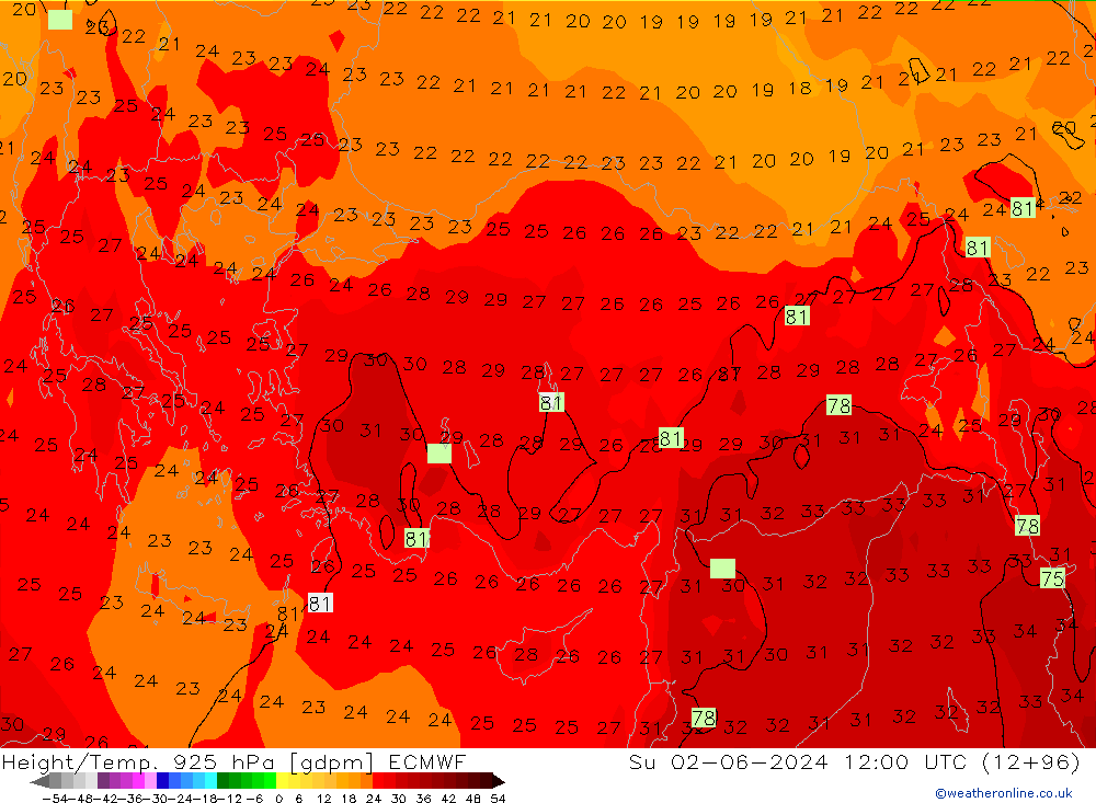 Height/Temp. 925 hPa ECMWF So 02.06.2024 12 UTC